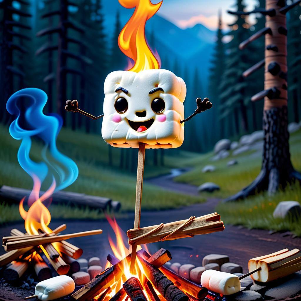 Flaming Marshmallow Roasting on Campfire