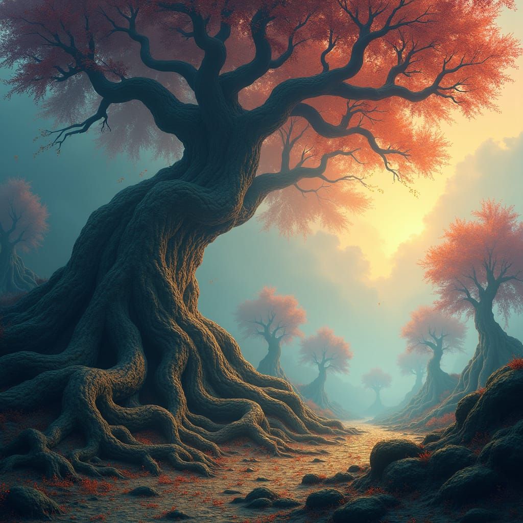 Dreamlike Landscape with Twisted Trees in Surreal Style
