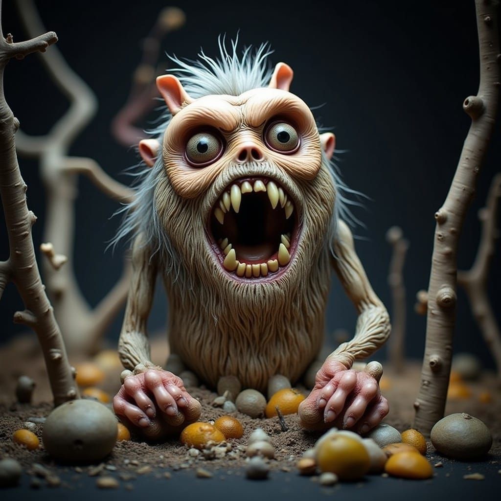 <lora:little creeptures:1.0> A troglodyte doll, a small, hairy, and ceaselessly hungry creature with big teeth, trying t...
