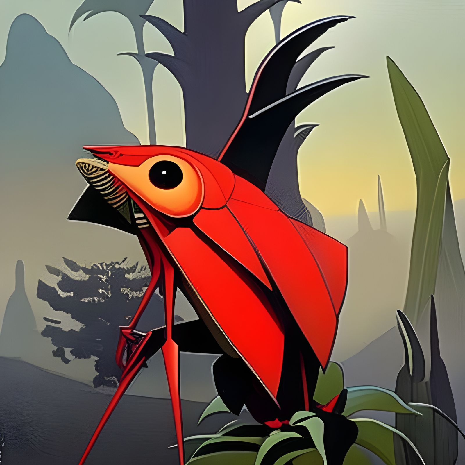 Surreal Red Grasshopper Dragon in Comic Fine Art Style