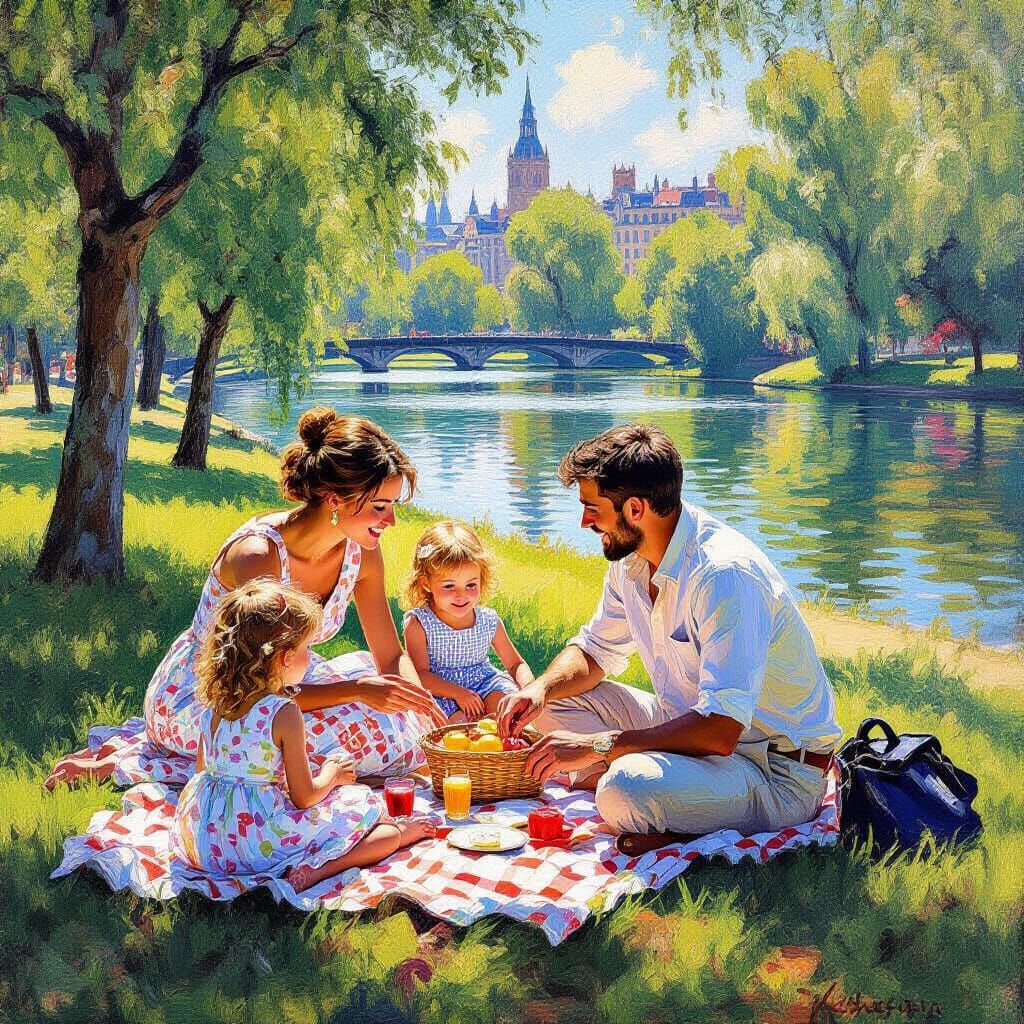 Family Picnic in City Park, Impressionist Style