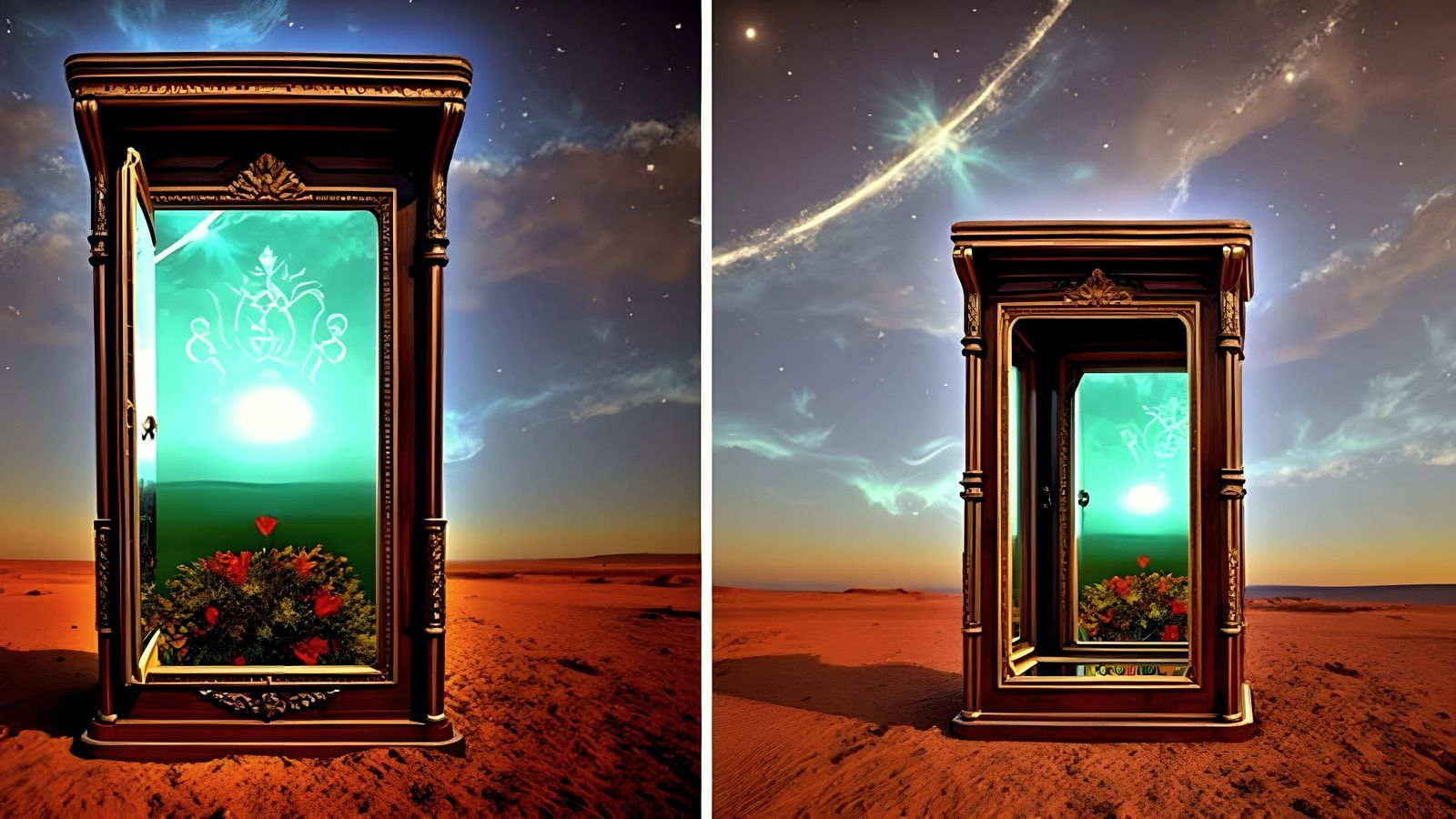 Surreal Mirror Cabinet in Cosmic Desert Landscape