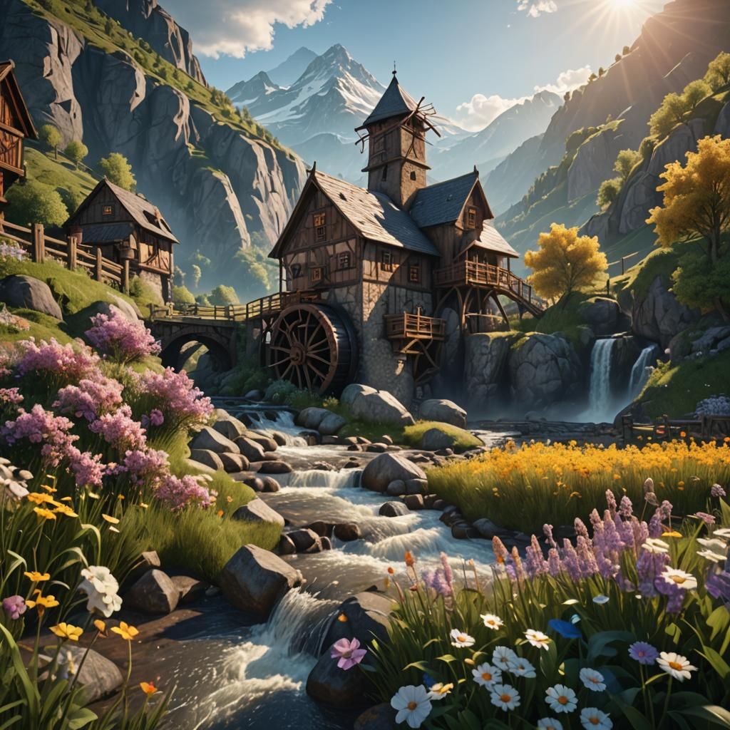 Scenic Mill with Mountain in 3D Game Style