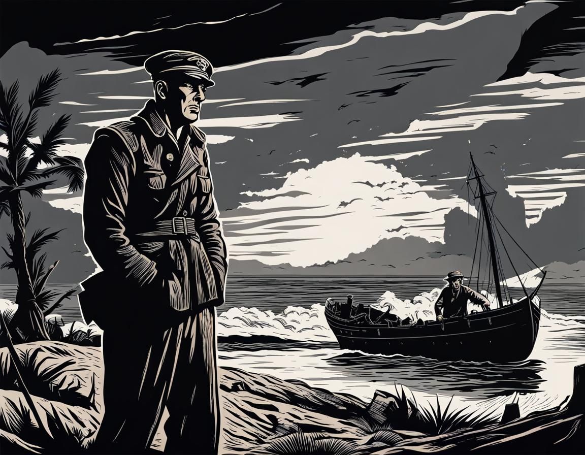 Distraught Sailor on Desert Island as Woodcut