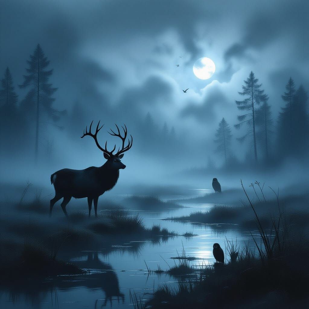 Mystical Deer and Owls in Misty Bog