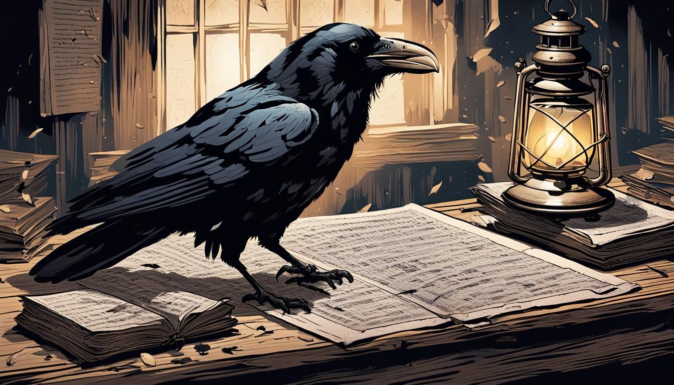 Raven and Manuscripts in Noir Comic Style