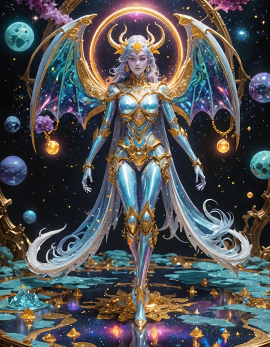 Rainbow Dragon Girl with Metal Skeleton in Anime Style