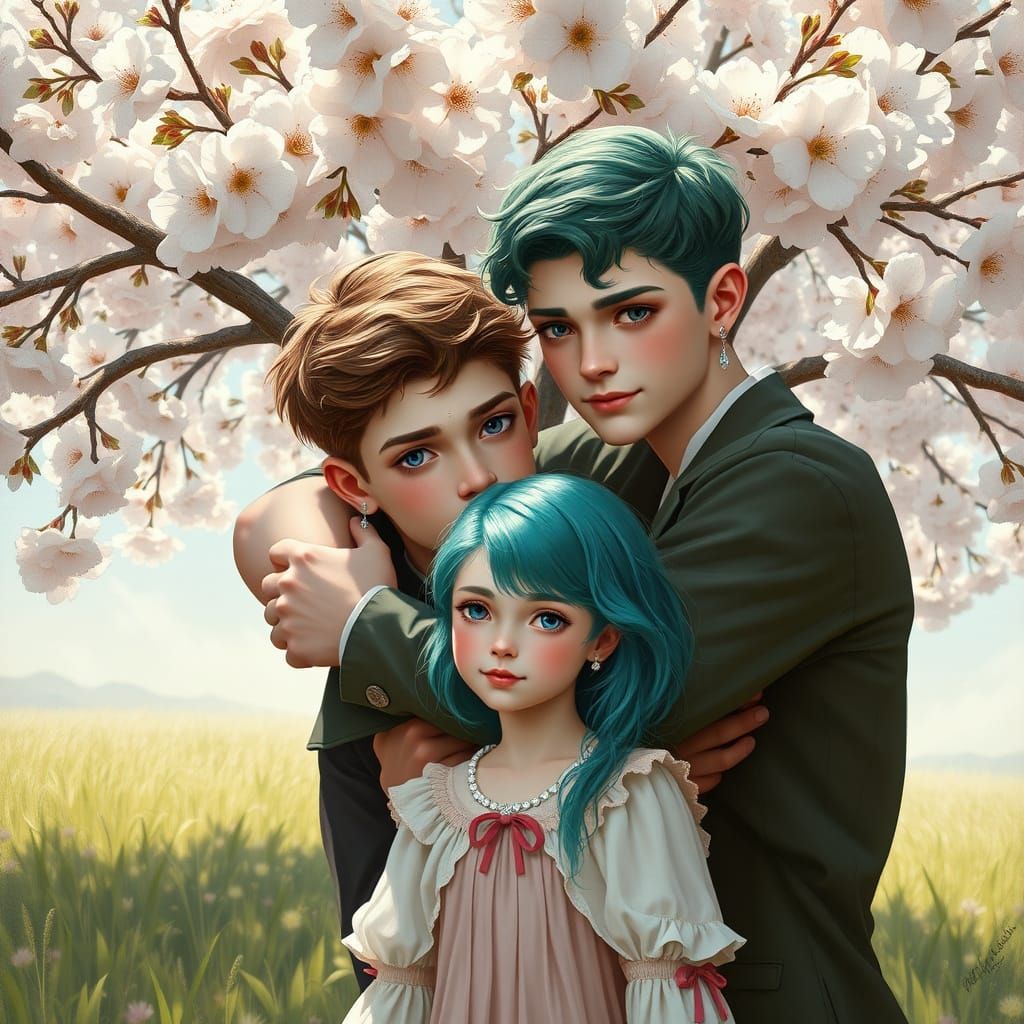 Romantic Oil Painting of Two Men Hugging in Meadow