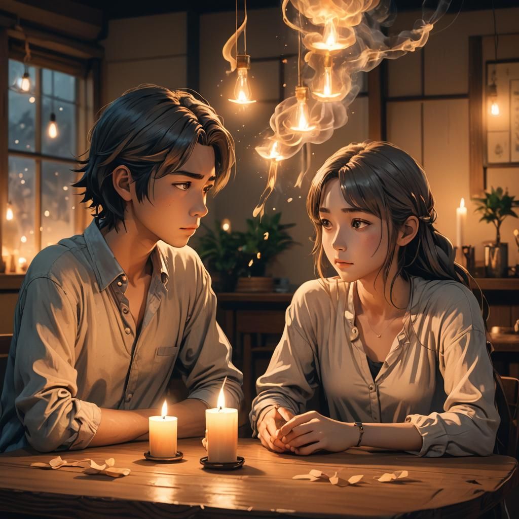 Candlelit Conversation: Softly Lit 3D Anime Art