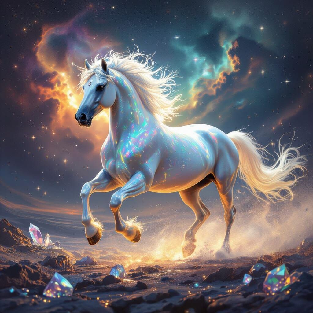 Iridescent Horse Galloping Through Cosmic Dreamscape