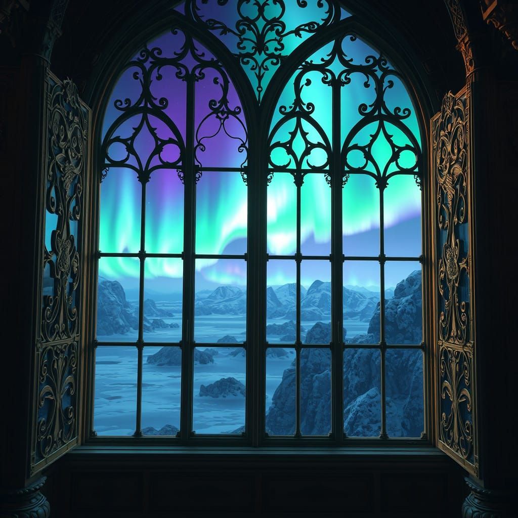 Ethereal Windows Overlook a Vibrant Aurora Sky