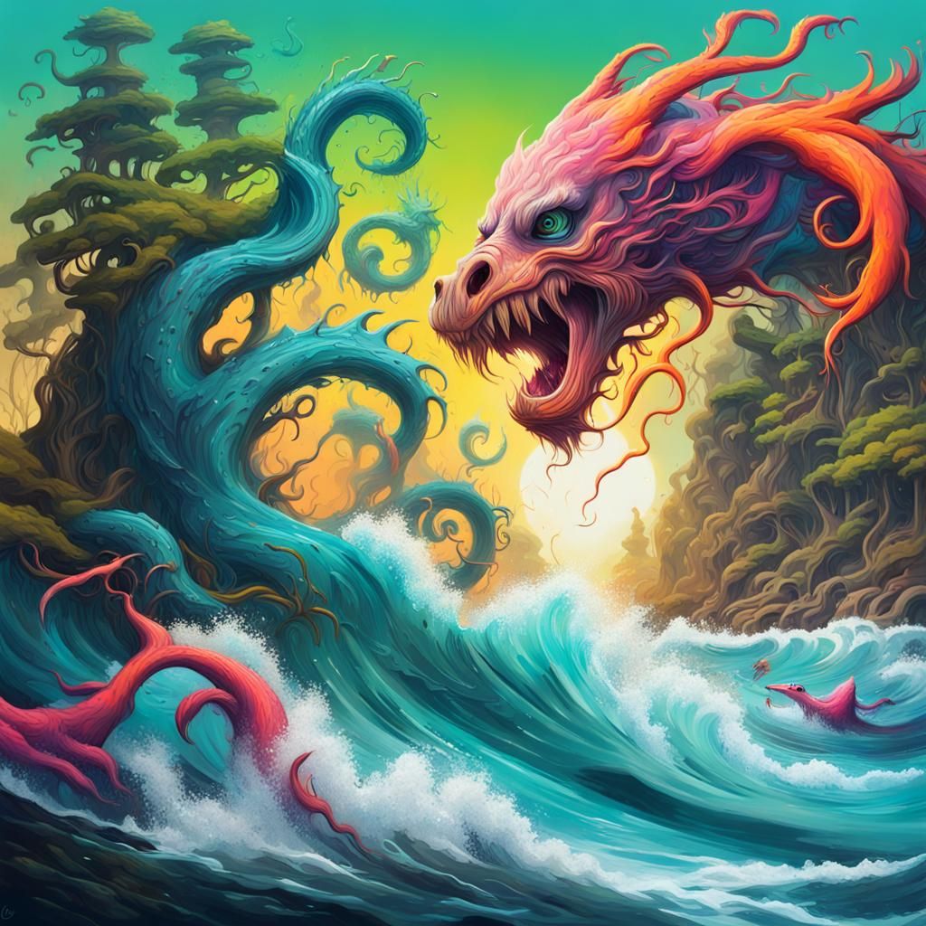 Ocean Monsters on Beach in Graffiti Art Style