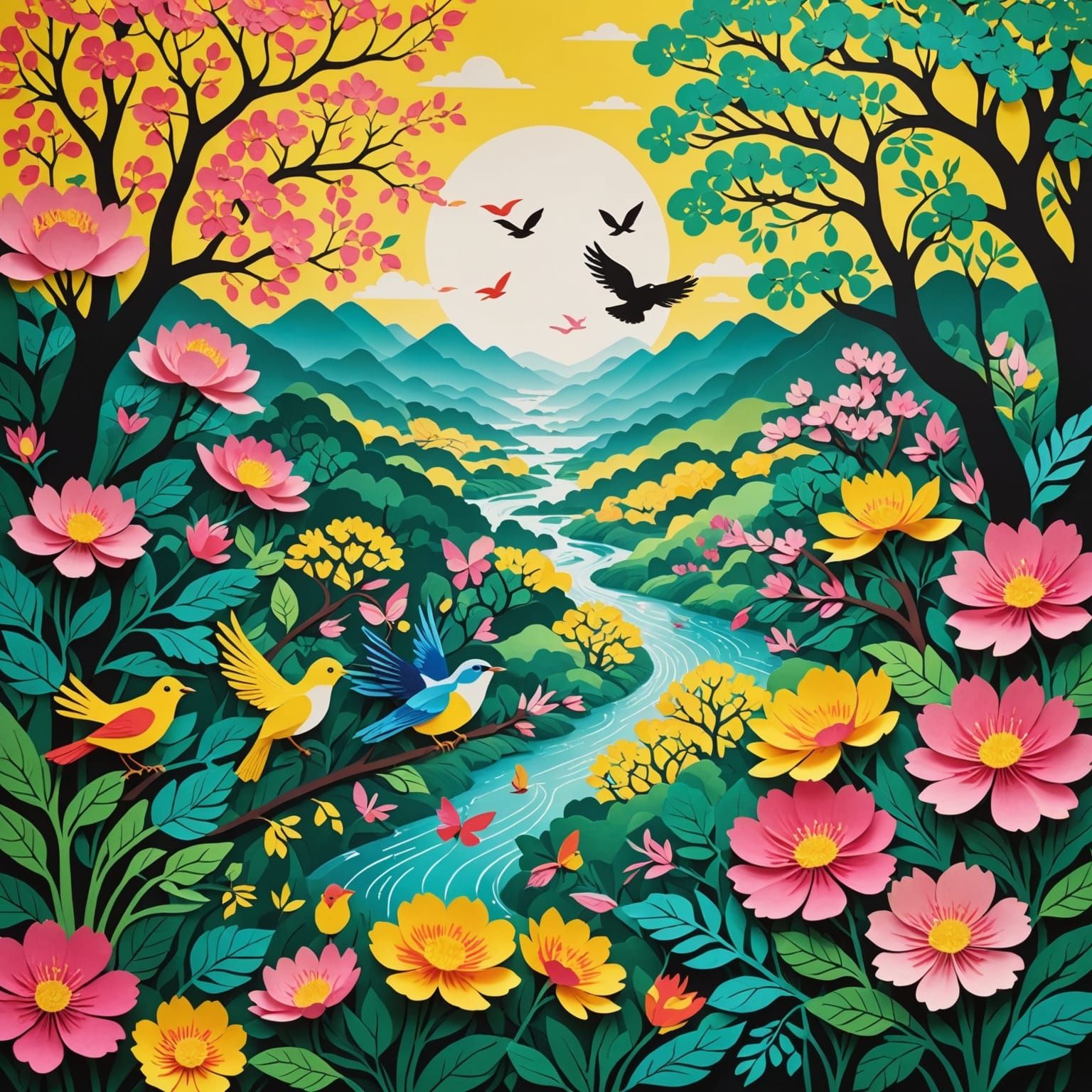 Vibrant Spring Landscape in Chinese Paper Cutting Style