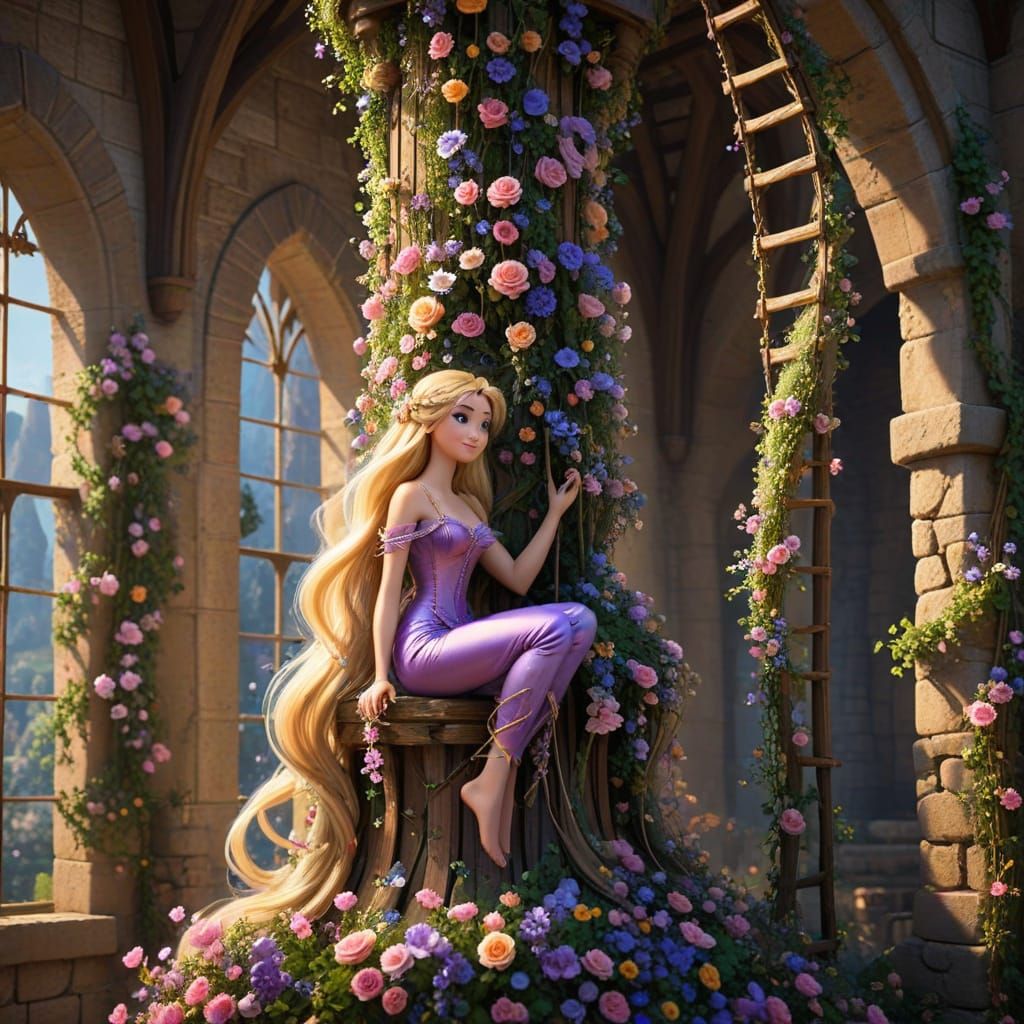 Rapunzel Weaving a Hair Ladder in Tower