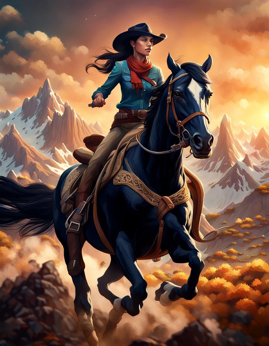 Cowgirl on Pinto Horse in Art Deco Style