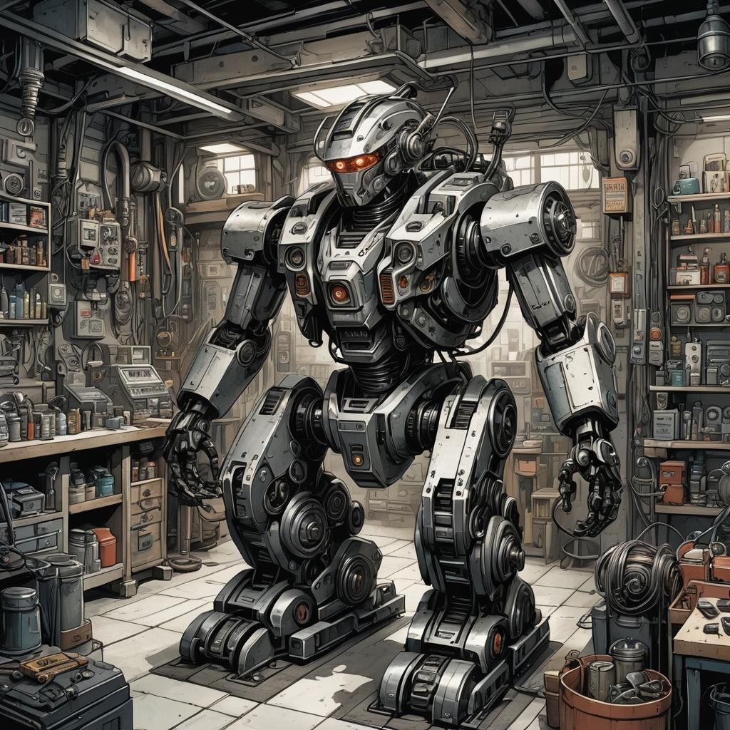 Futuristic Auto Repair Robot in Retro D&D Style