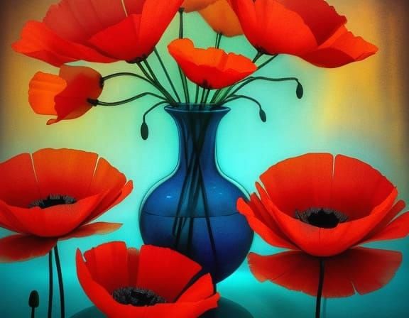 Red Poppies in Turquoise Vase, Aquarelle Style