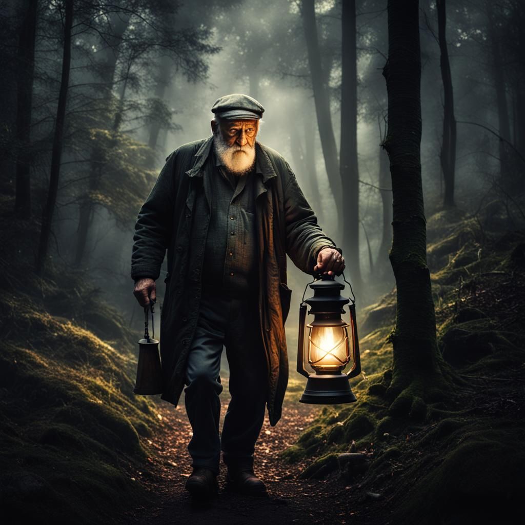 Old Man's Lantern Guides Through Dark Forest
