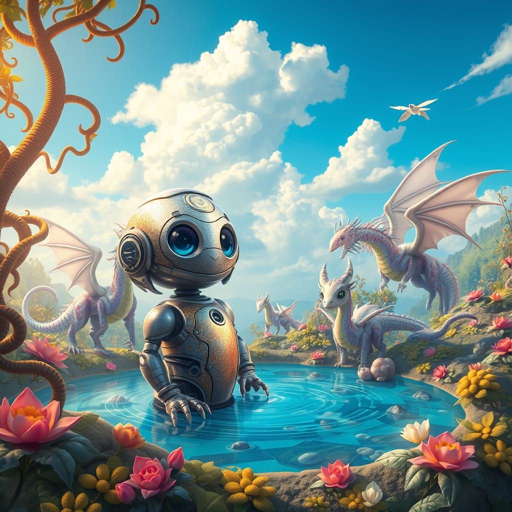 Whimsical Robot in a Fantastical World with Majestic Wyverns...
