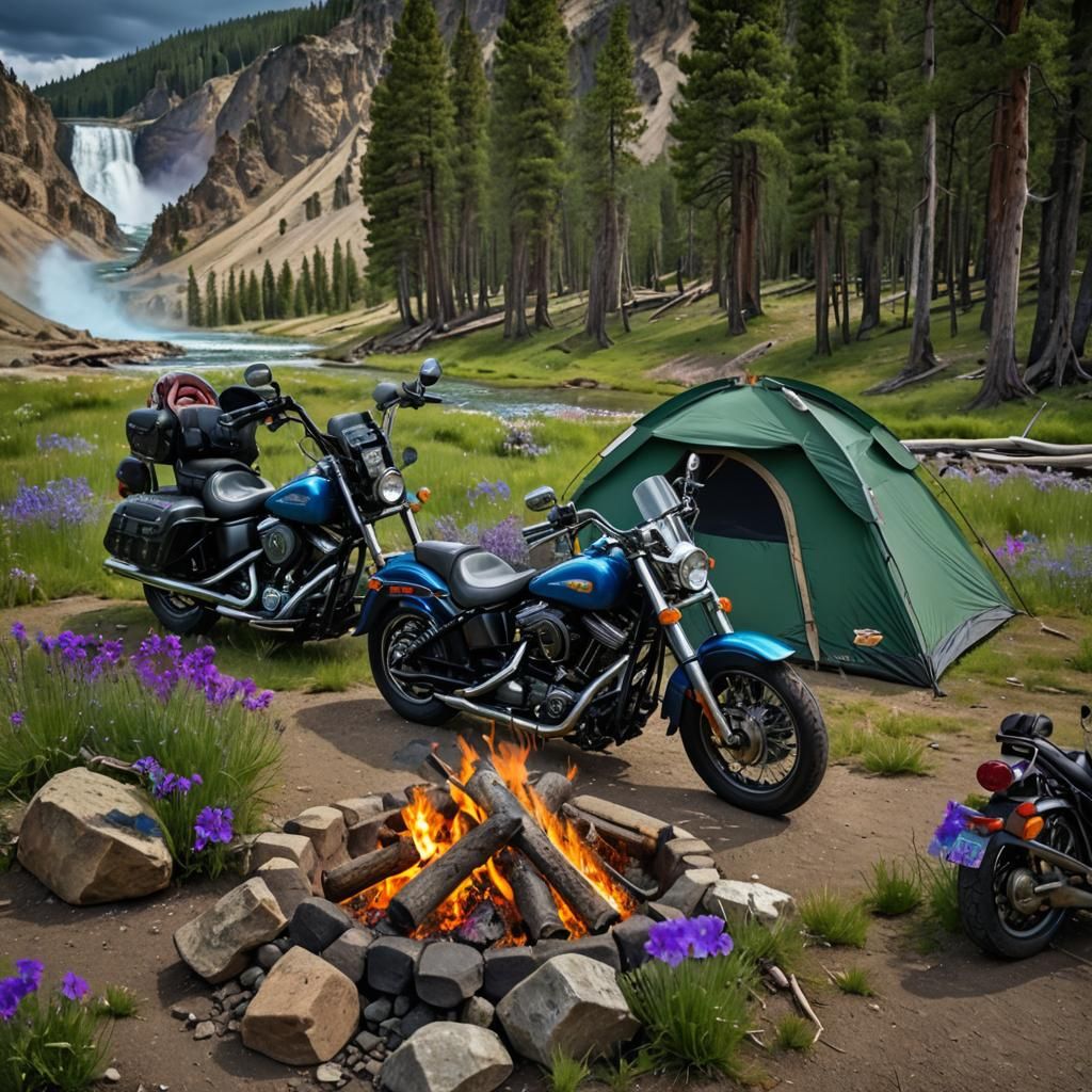 Harley Davidson motorcycle, tents, campfire