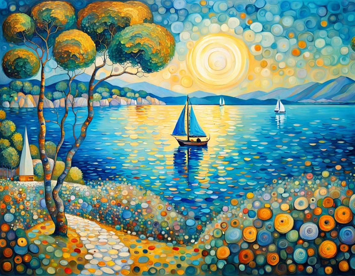 a picturesque bay bathed in sunny color, a piercing blue sea...