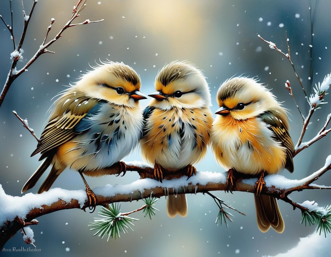 Cute Birds in Snowy Winter Scene, Intricately Detailed