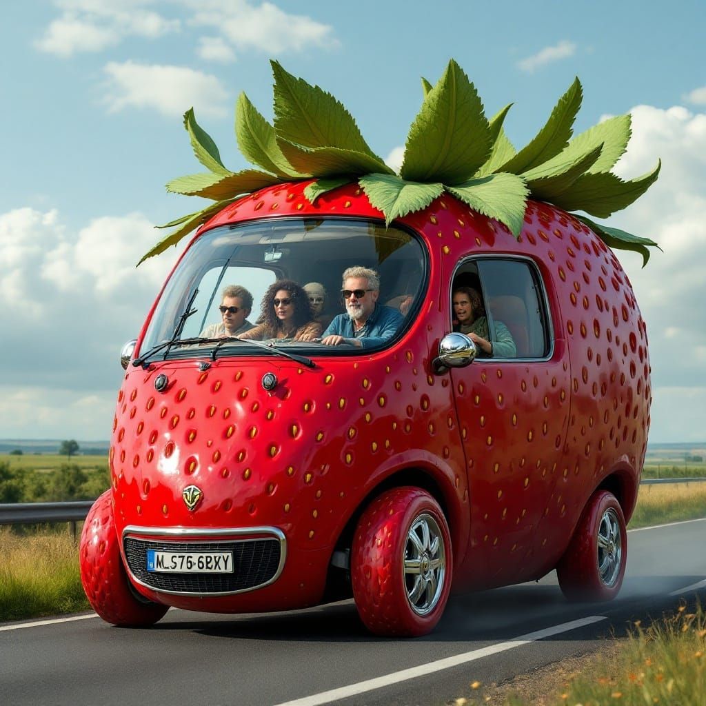 Futuristic Strawberry Vehicle Drives Down a Motorway