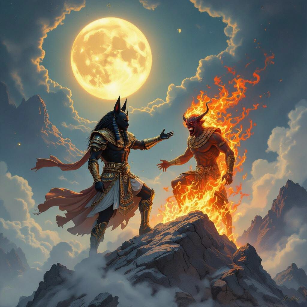 Anubis Battles Fire Demon Atop Mystical Mountain