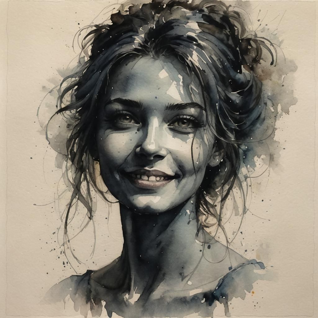 Watercolor Painting of a Shy Smiling Face