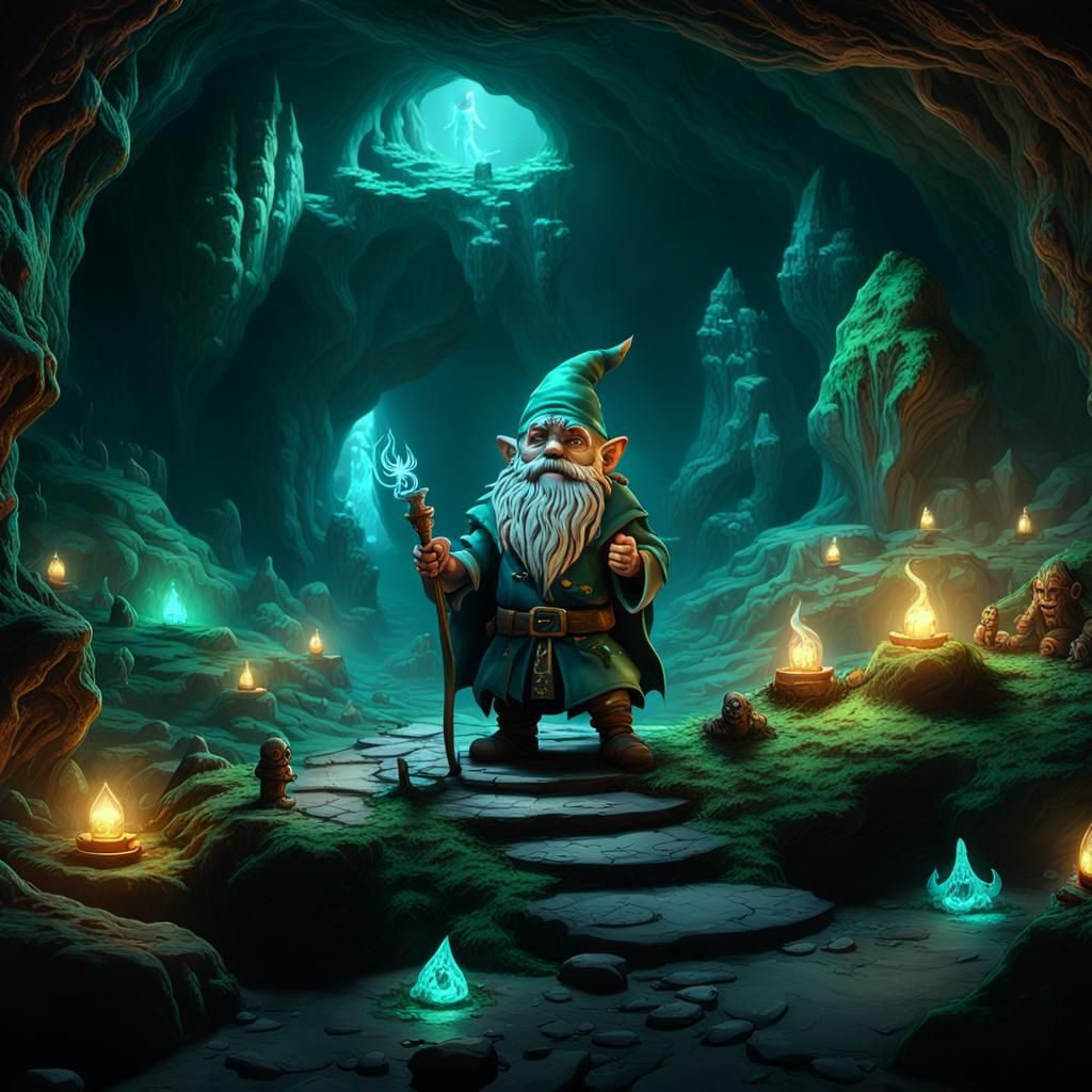 Dark Fantasy Gnome Necromancer in an Ancient Cave