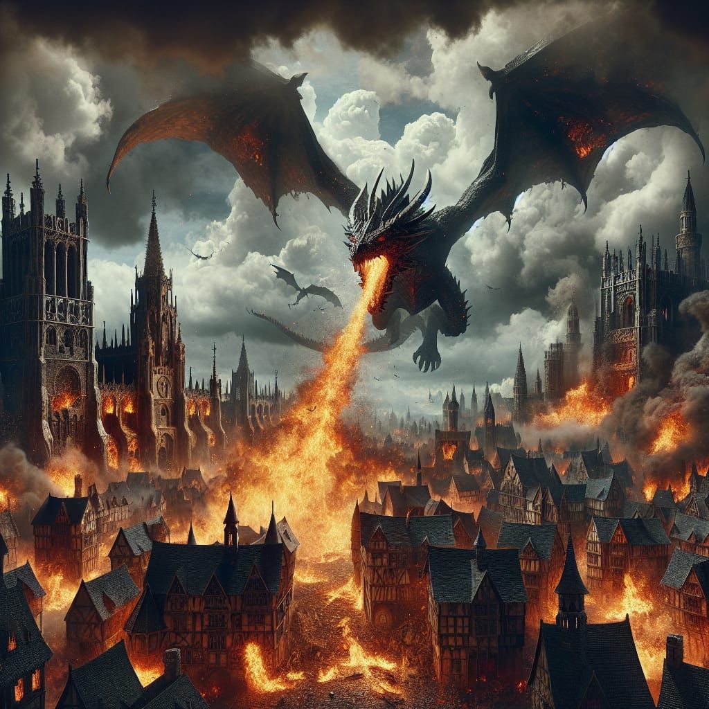 Dragon Burns Medieval City with Fiery Breath