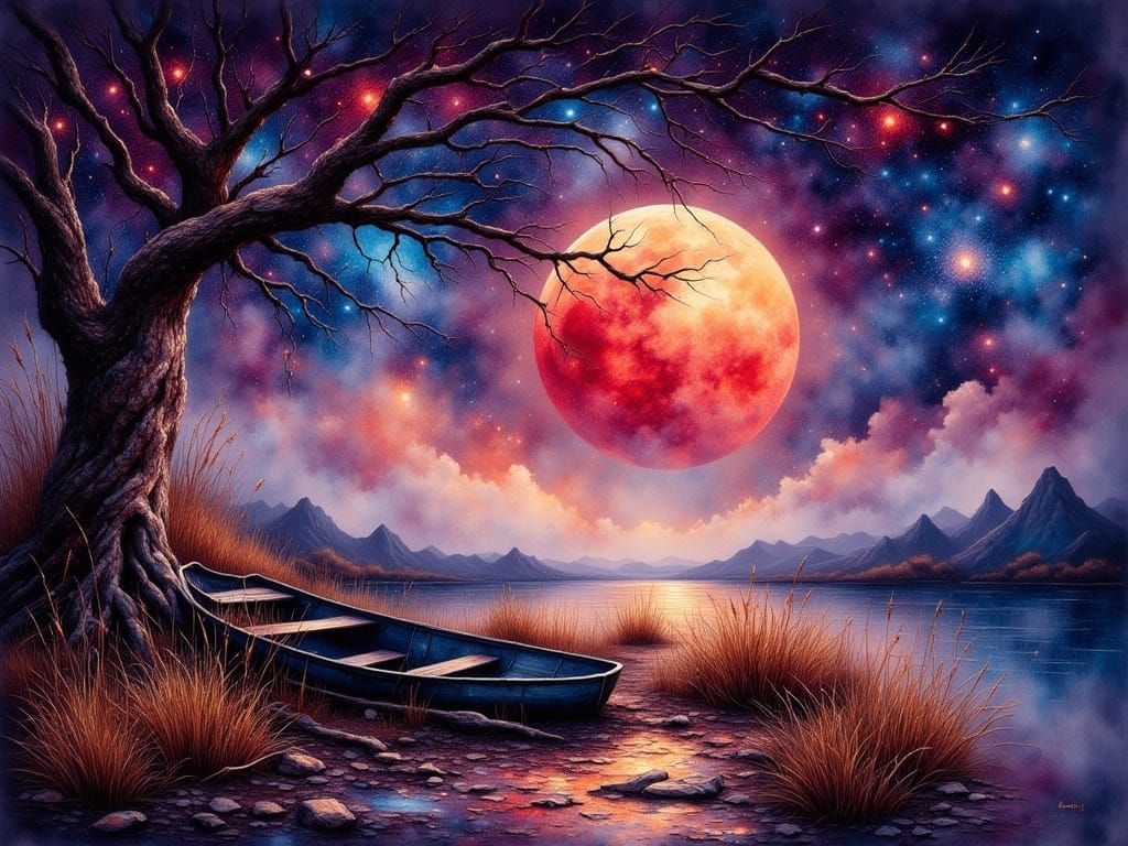 Otherworldly Nocturnal Scene as Antique Watercolor Painting