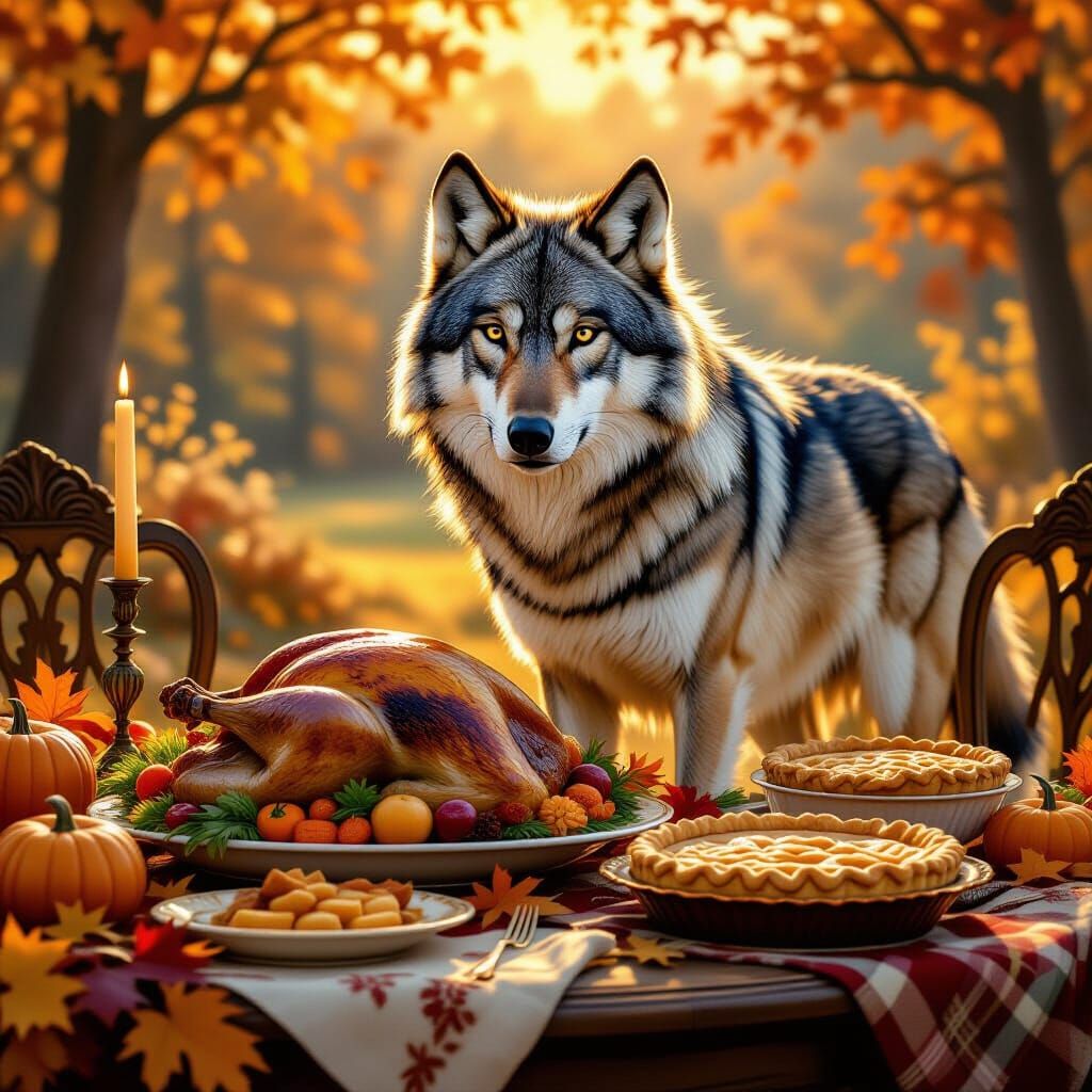 Majestic Wolf in Golden Hour Thanksgiving Feast Oil Painting
