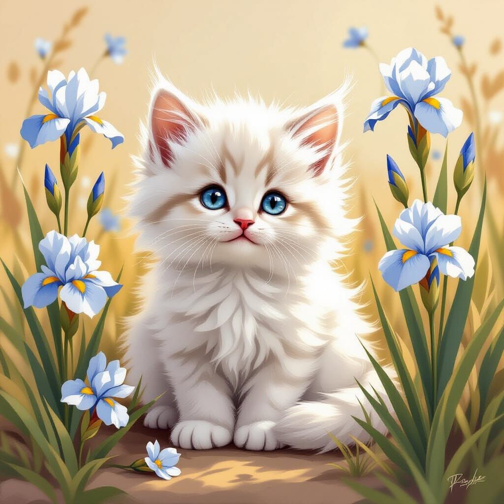 Fluffy Kitten Amidst Irises: 1970s Postcard Art