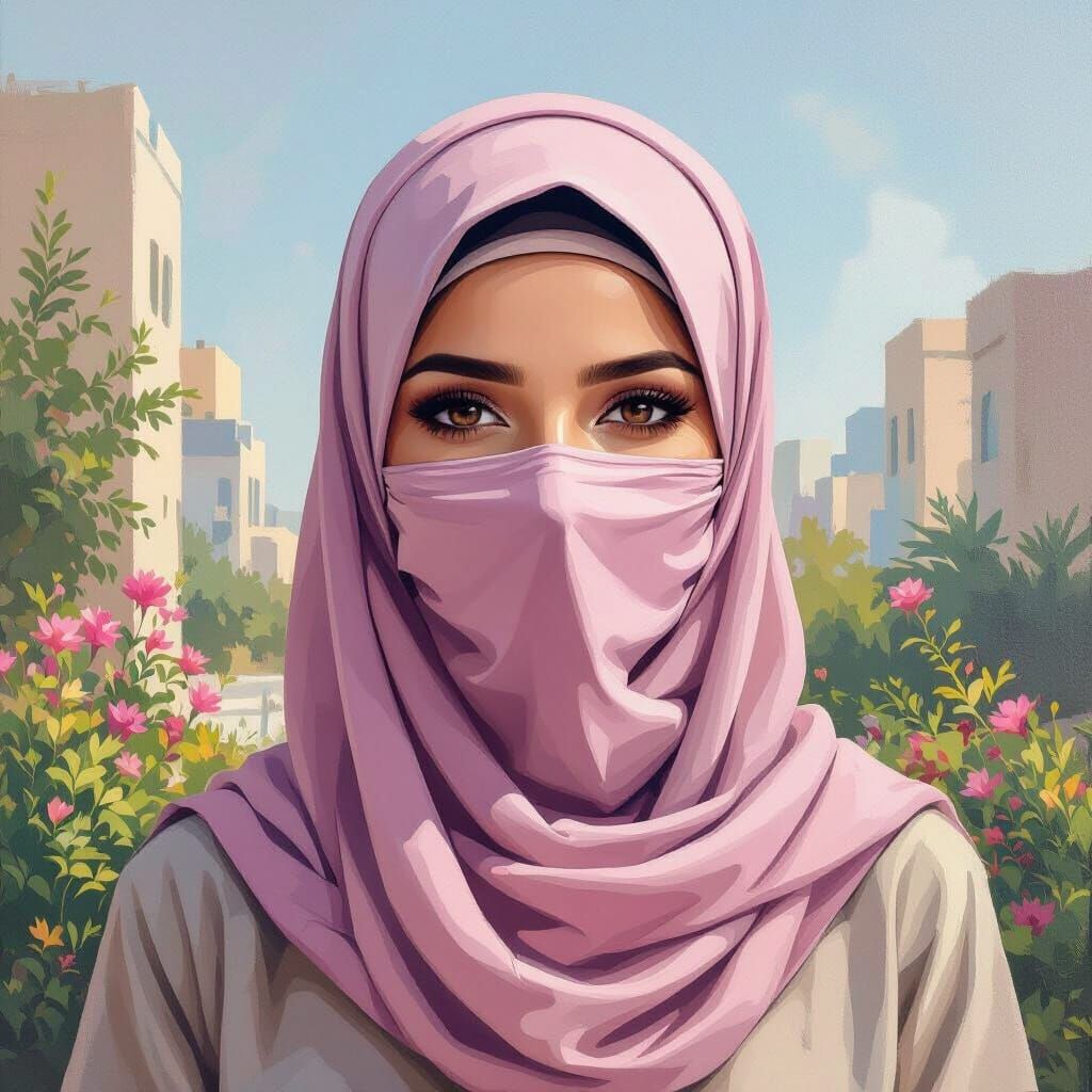 Minimalist Painting of a Niqabi Woman in Garden