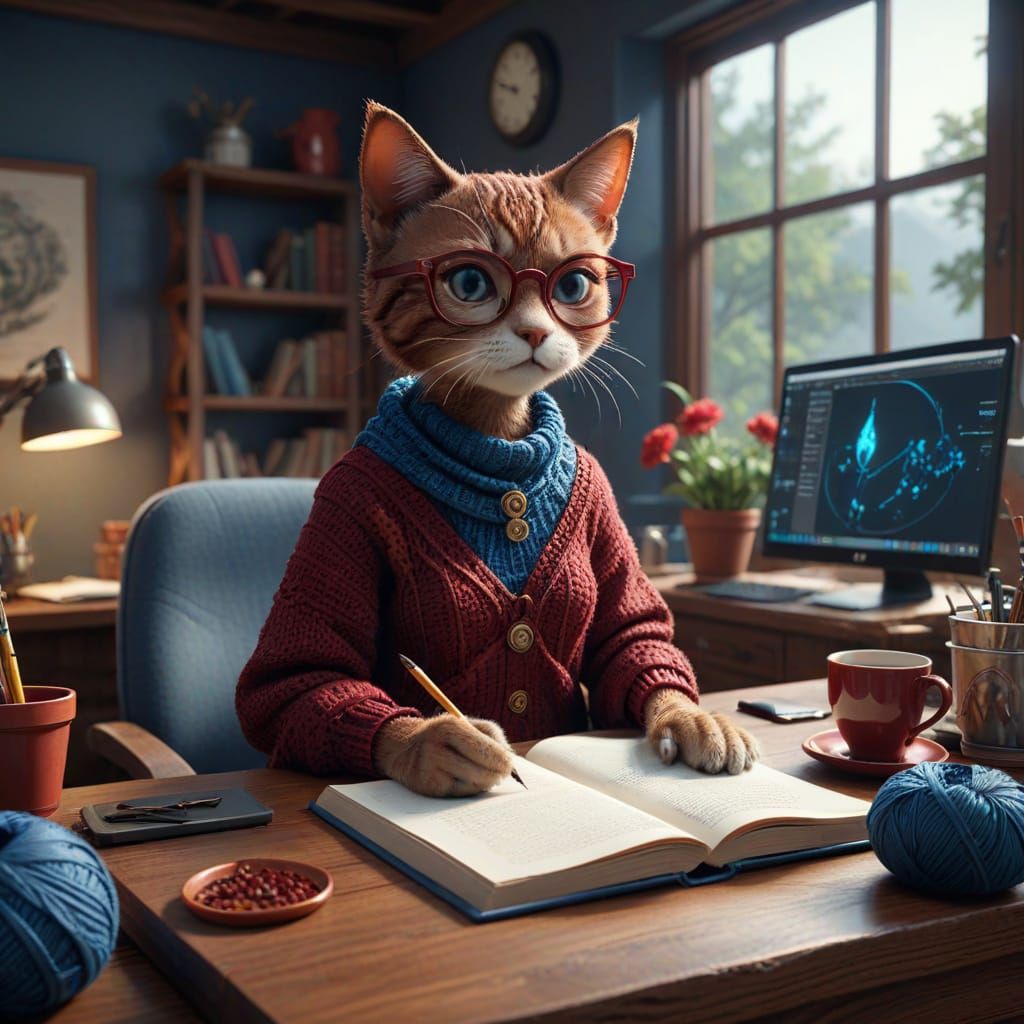 Elegant Woman Crochets in a Fantastical Study