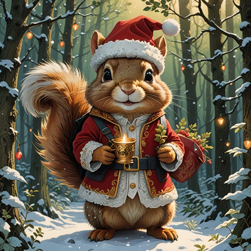 Whimsical Santa Squirrel in Festive Forest