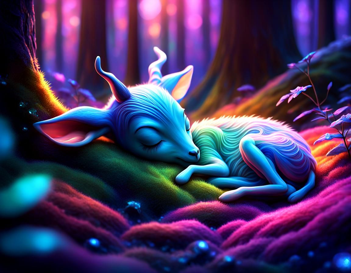 Alien Sleeping with Baby Deer in Forest, 3D Art