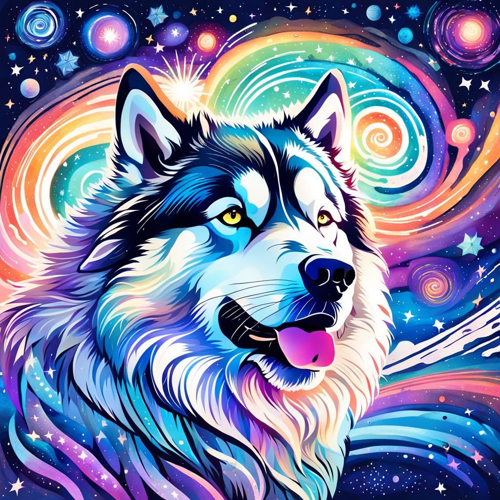 Cosmic Alaskan Malamute Running Through Galaxy