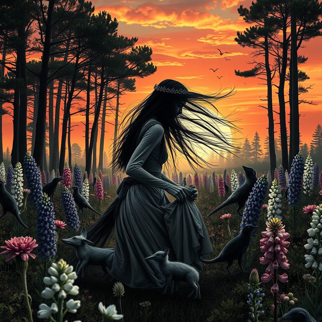 Ethereal Woman in Lupinus Blooms, Warped Perspective