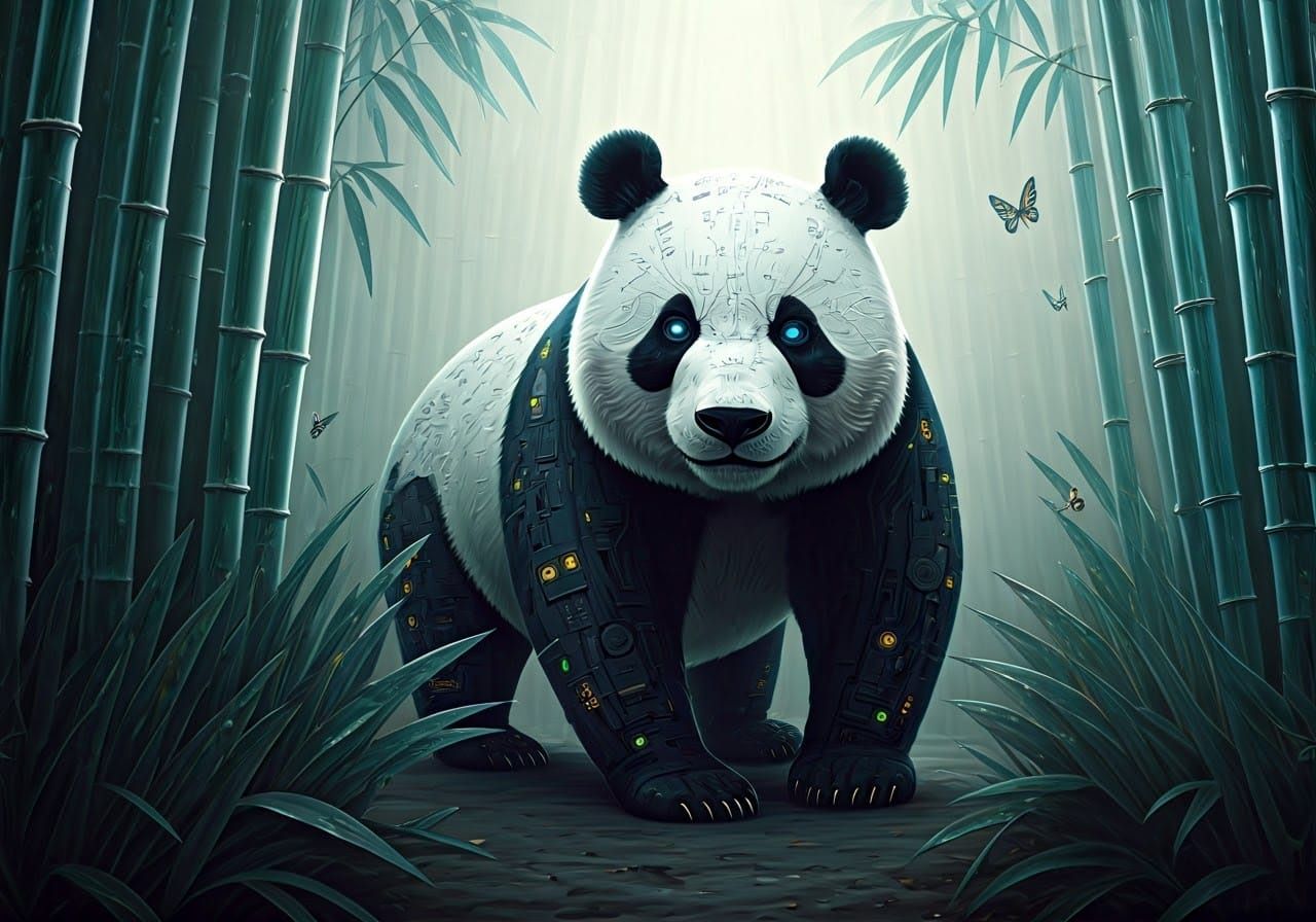 Robot Panda Among Artificial Nature