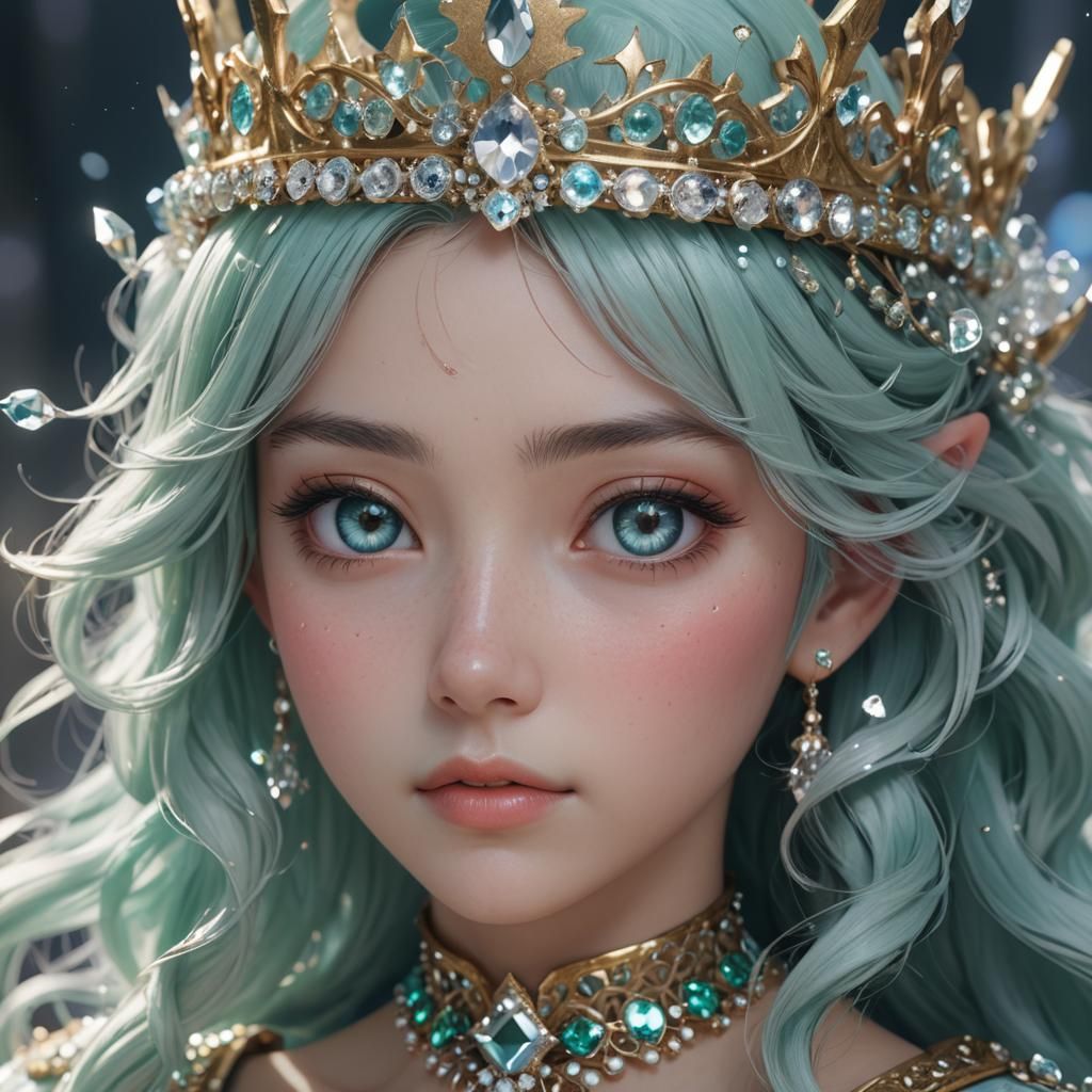 Anime Style Crown Princess with Seafoam Hair