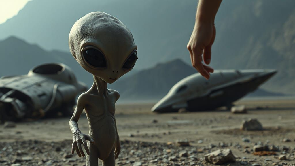 Alien and Human Embrace by Crashed Spaceship