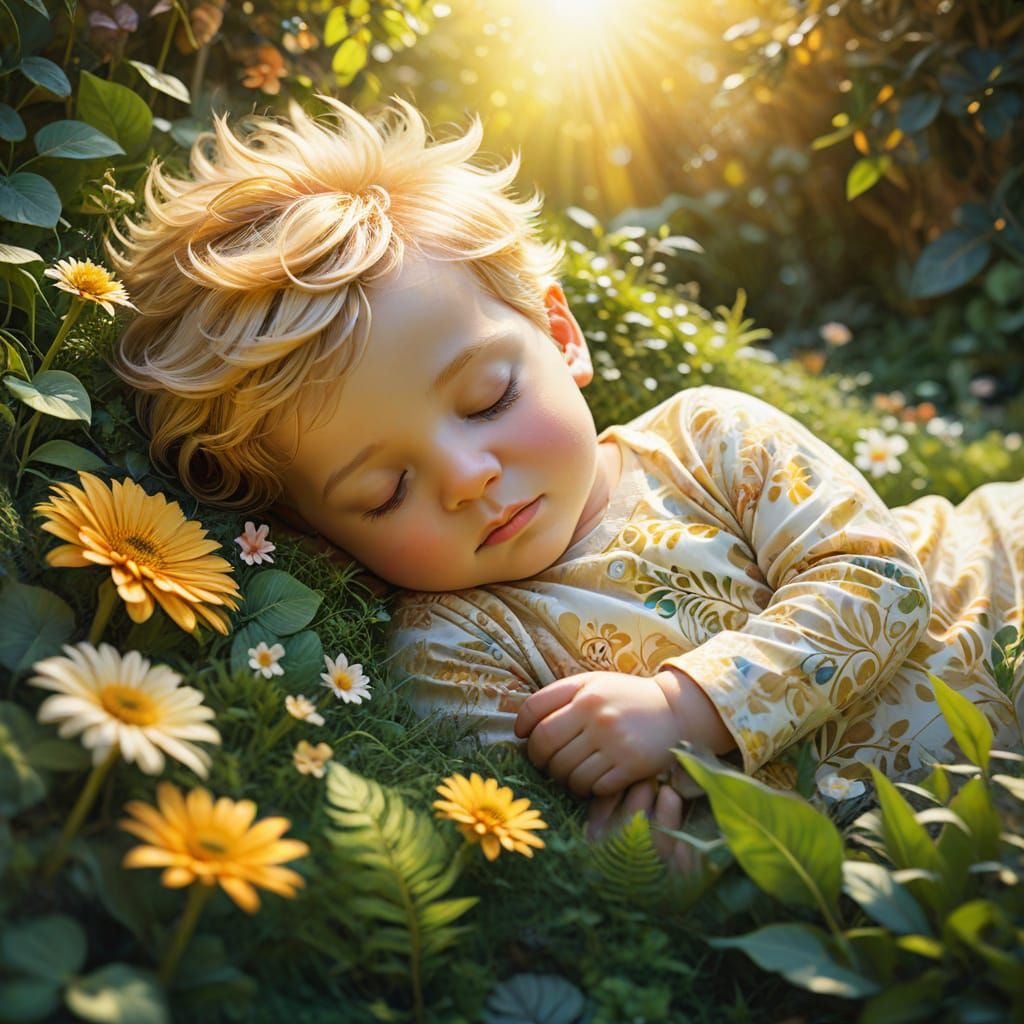 Dreamy Garden Wonderland with Sleeping Baby Boy in Whimsical...