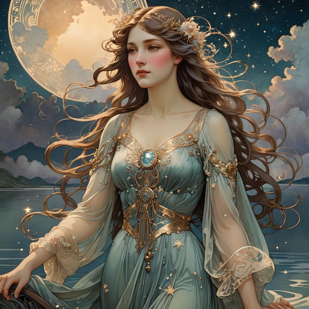 Dreamy Woman by Lake in Art Nouveau Style