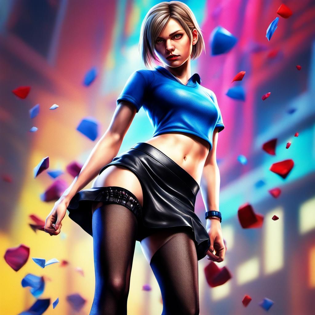 Jill Valentine with miniskirt, black pantyhose