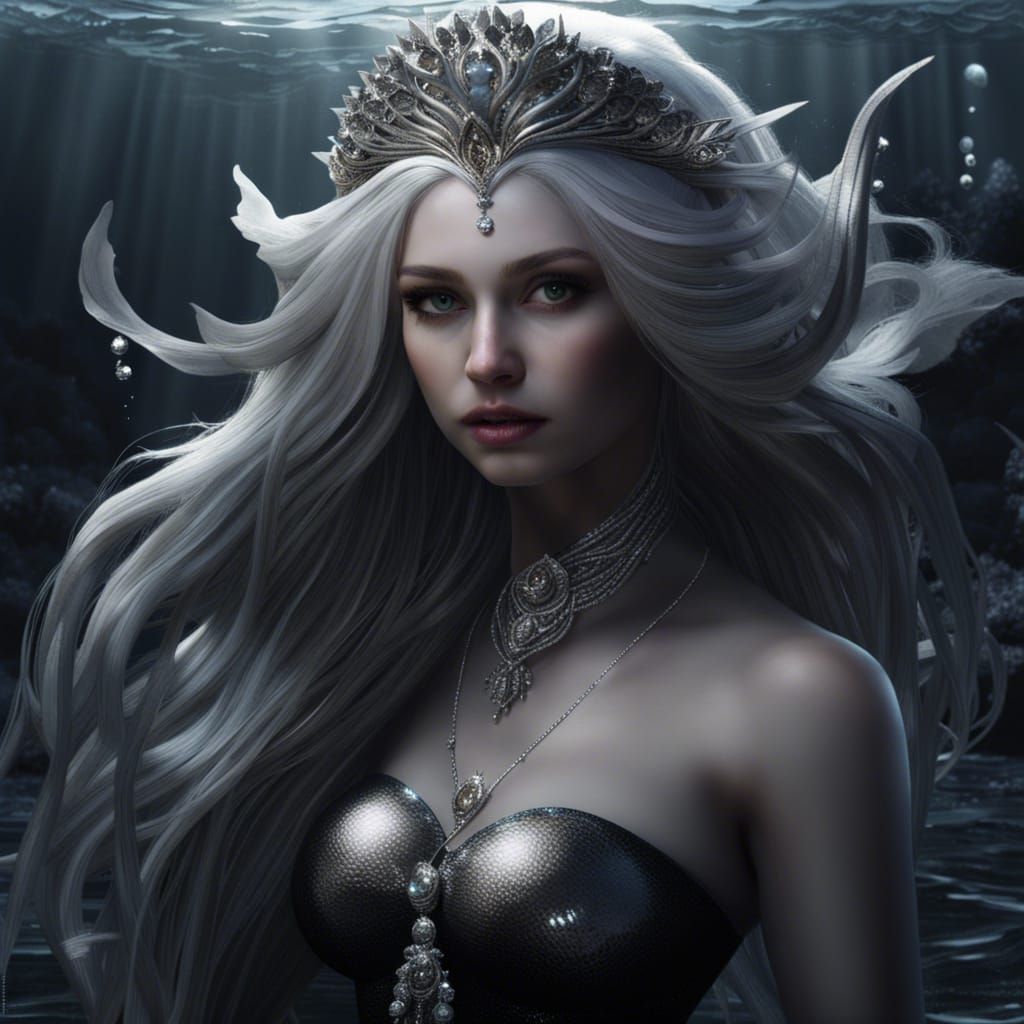 Silver Mermaid in a Dark Ocean, Digital Art