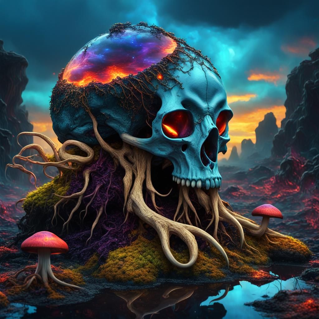 Gold Mushrooms Grow from Alien Skull