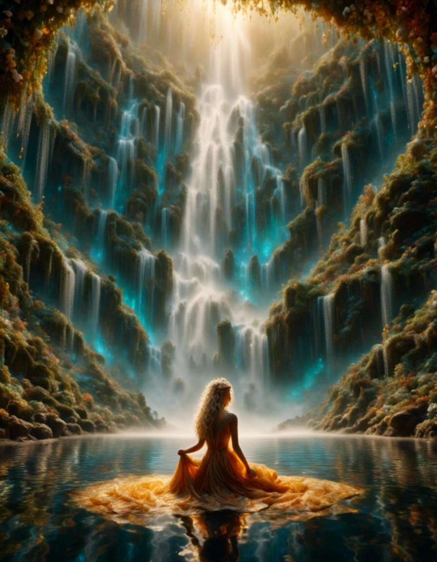 Aphrodite Relaxing Under a Waterfall: Hyper-Realistic Portra...