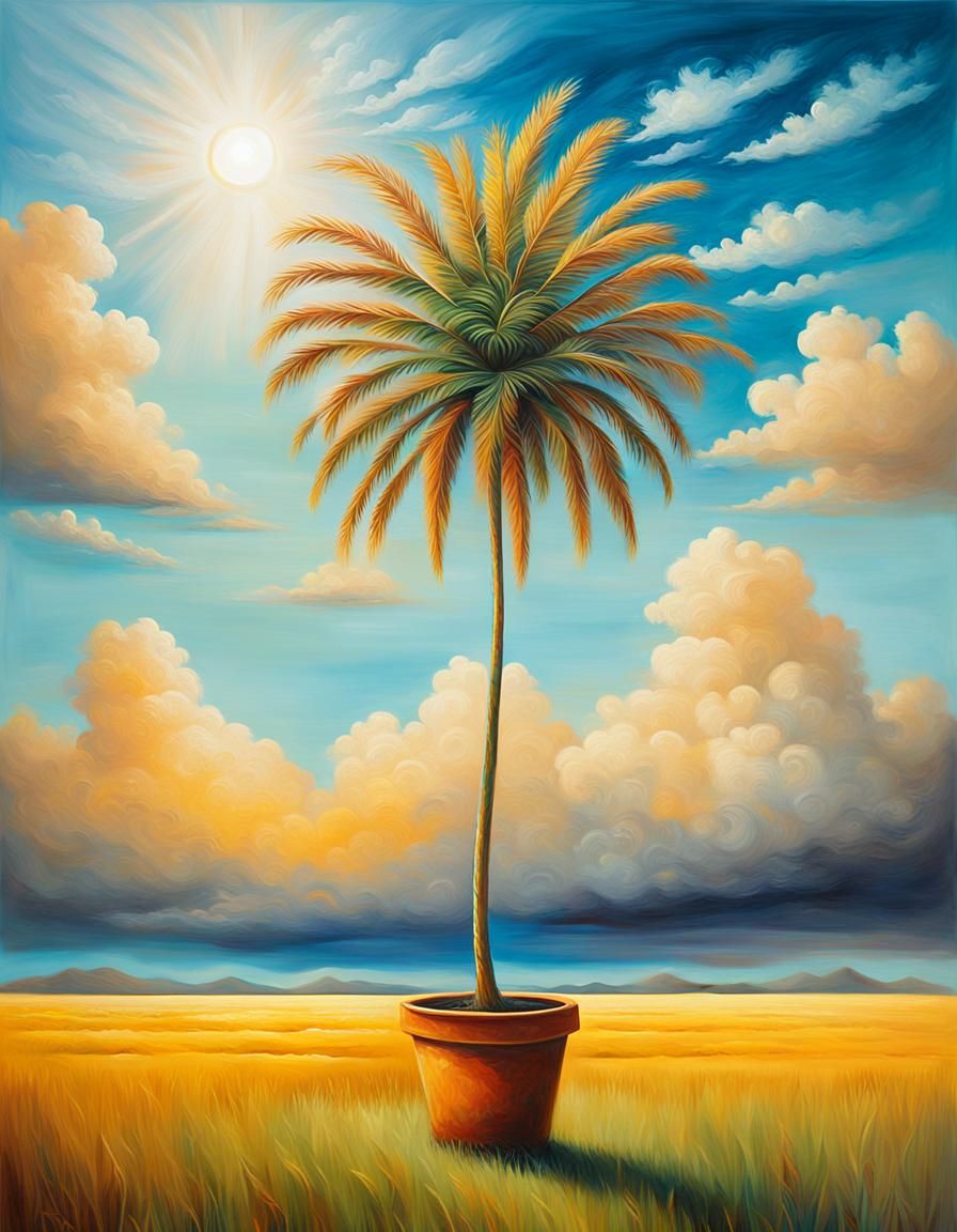 Surreal Palm Tree Oil Painting in Dream Landscape